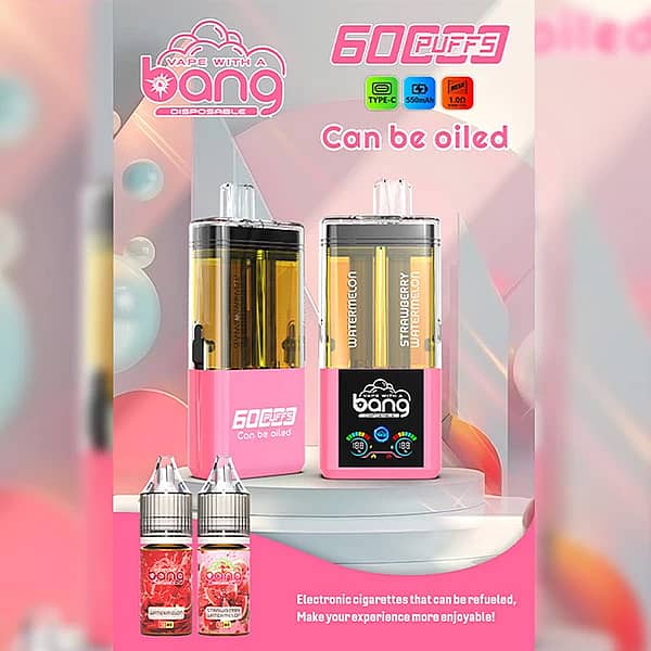 Bang 60K Refillable 2-in-1 vape with Watermelon and Strawberry Watermelon flavors, 60000 puffs refillable device with matching e-liquid bottles