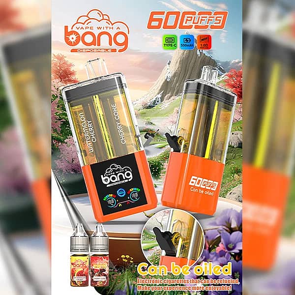 Bang 60K Refillable 2-in-1 vape with Watermelon Cherry and Cherry Coke flavors, 60000 puffs refillable device with dual pods and e-liquid bottles