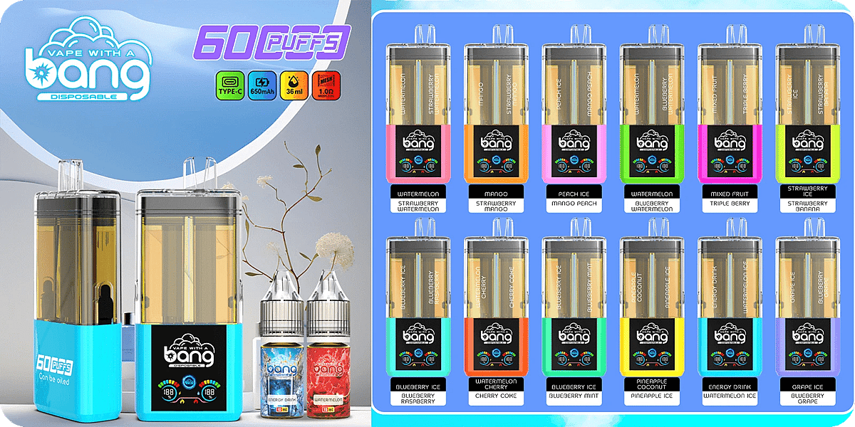 Bang 60K Refillable 2-in-1 vape 60000 puffs flavors list chart showing 12 dual-flavor combinations