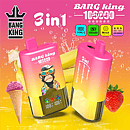 Bang King 100K 3 in 1 disposable vape in Banana Ice, Strawberry Banana, and Strawberry Ice Cream flavors with 100000 puffs, Type-C charging, mesh coil, and LED screen display