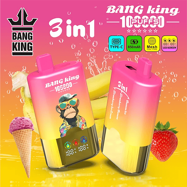 Bang King 100K 3 in 1 disposable vape in Banana Ice, Strawberry Banana, and Strawberry Ice Cream flavors with 100000 puffs, Type-C charging, mesh coil, and LED screen display