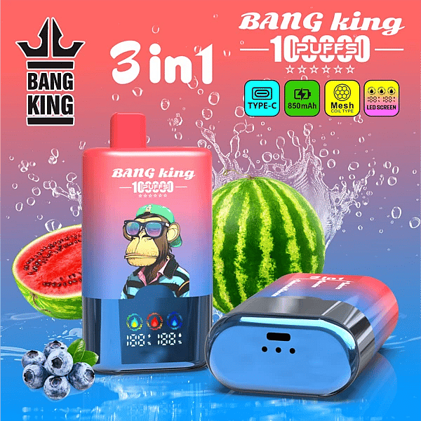 Bang King 100K 3 in 1 disposable vape in Blueberries, Watermelon, and Blueberries and Watermelon flavors with 100000 puffs, Type-C charging, mesh coil, and LED screen display