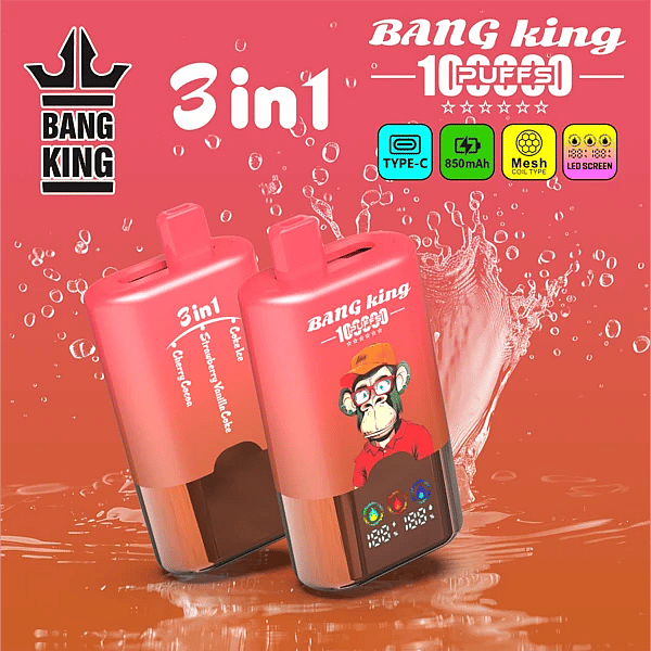 Bang King 100K 3 in 1 disposable vape in Coke Ice, Strawberry Vanilla Coke, and Cherry Cocoa flavors with 100000 puffs, Type-C charging, mesh coil, and LED screen display