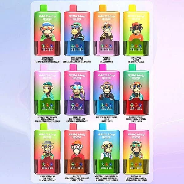 Bang King 100K 3 in 1 disposable vape flavor list image showing multiple flavor combinations, including Strawberry Watermelon, Blueberries Watermelon, Peach Mango, Pineapple Mango, Grape Ice, Blueberry Mint, Triple Melon, Banana Ice, and more