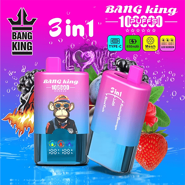 Bang King 100K 3 in 1 disposable vape in Functional Beverages, Love 66, and Mixed Fruits flavors with 100000 puffs, Type-C charging, mesh coil, and LED screen display