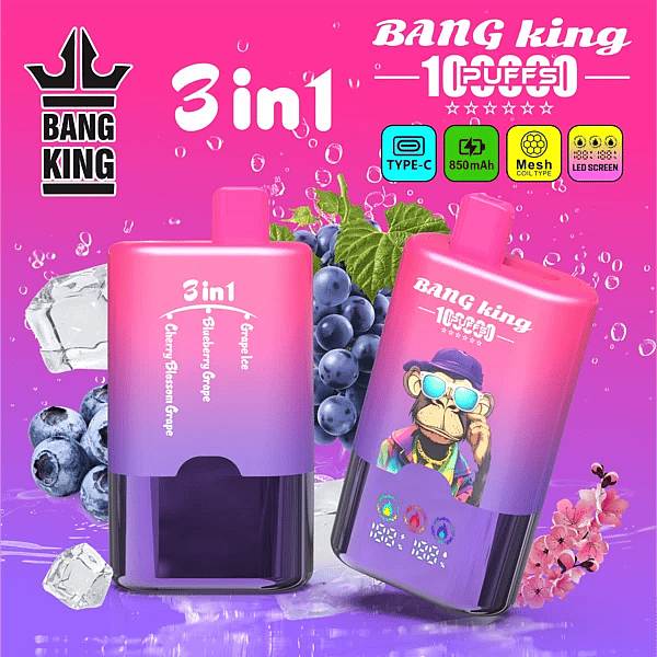 Bang King 100K 3 in 1 disposable vape in Grape Ice, Blueberry Grape, and Cherry Blossom Grape flavors with 100000 puffs, Type-C charging, mesh coil, and LED screen display