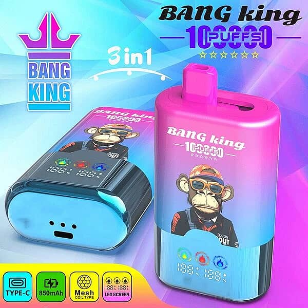 Bang King 100K 3 in 1 disposable vape main picture with 100000 puffs, Type-C charging, 850mAh battery, mesh coil, and LED screen display
