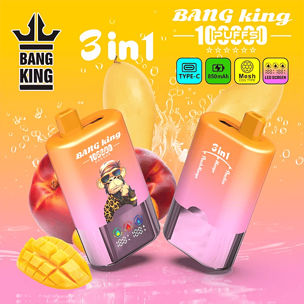 Bang King 100K 3 in 1 disposable vape in Peaches, Mango, and Peach Mango flavors with 100000 puffs, Type-C charging, mesh coil, and LED screen display