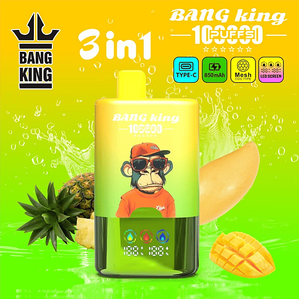 Bang King 100K 3 in 1 disposable vape in Pineapple, Mango, and Pineapple Mango flavors with 100000 puffs, Type-C charging, mesh coil, and LED screen display