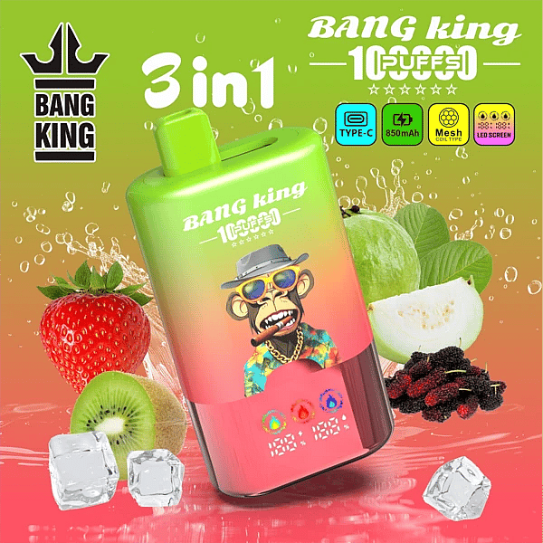 Bang King 100K 3 in 1 disposable vape in Strawberry Kiwi, Kiwi Guava, and Black Dragon Ice flavors with 100000 puffs, Type-C charging, mesh coil, and LED screen display