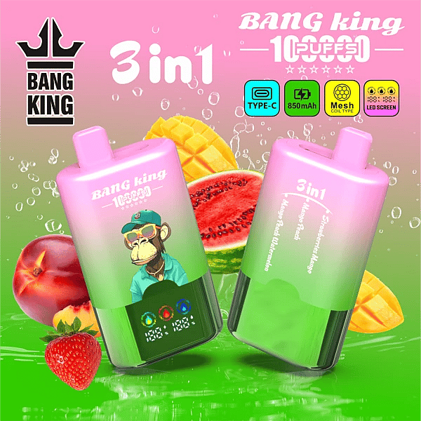 Bang King 100K 3 in 1 disposable vape in Strawberry Mango, Mango Peach, and Mango Peach Watermelon flavors with 100000 puffs, Type-C charging, mesh coil, and LED screen display