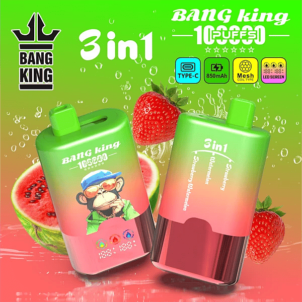 Bang King 100K 3 in 1 disposable vape in Strawberry, Watermelon, and Strawberry Watermelon flavors with 100000 puffs, Type-C charging, mesh coil, and LED screen display