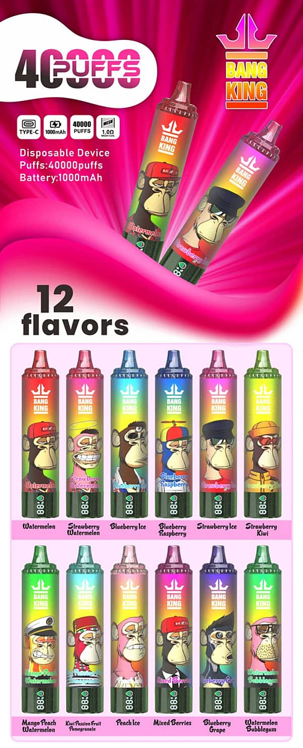 Bang King 40K disposable vape overview image with 40000 puffs, Type-C charging, 1000mAh battery, 1.0&Omega; mesh coil, and 12 flavor options