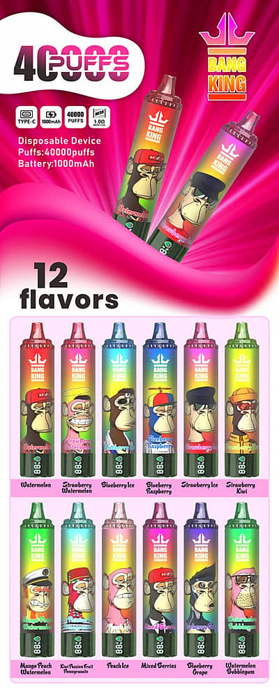 Bang King 40000 Puffs Vape Desc Bang King 40K Disposable Vape Overview Image With 40000 Puffs, Type-C Charging, 1000Mah Battery, 1.0Ω Mesh Coil, And 12 Flavor Options