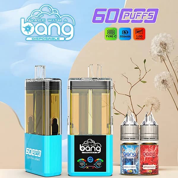 Bang 60K Refillable 2-in-1 dual flavor vape device with 60000 puffs, Type-C charging, and refill bottles for extended use