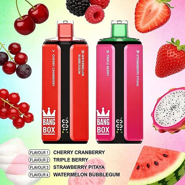 Bang Box 160K disposable vape in Cherry Cranberry, Triple Berry, Strawberry Pitaya, and Watermelon Bubblegum flavors with high-puff rechargeable performance