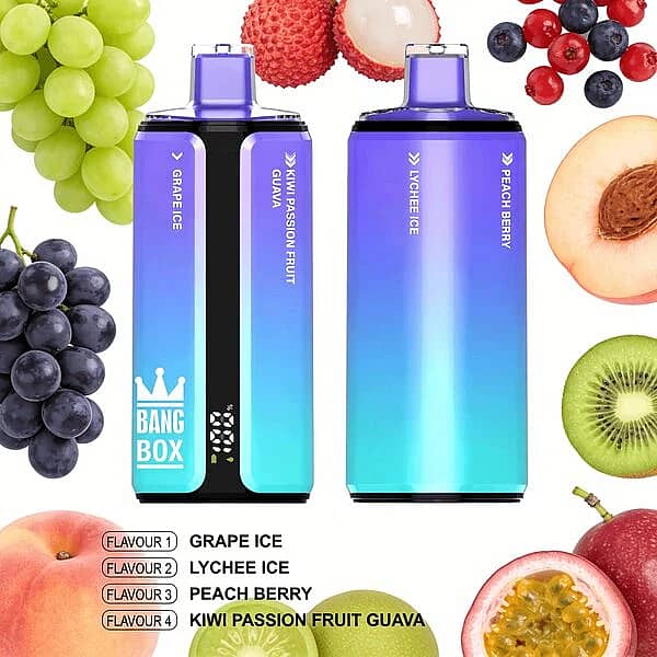 Bang Box 160K disposable vape in Grape Ice, Lychee Ice, Peach Berry, and Kiwi Passion Fruit Guava flavors with high-puff rechargeable performance