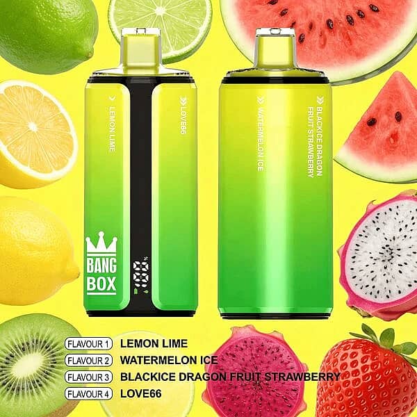 Bang Box 160K disposable vape in Lemon Lime, Strawberry Ice, Raspberry Watermelon, and Mango Peach flavors with premium high-puff rechargeable performance