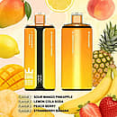 Bang Box 160K disposable vape in Sour Mango Pineapple, Lemon Cola Soda, Peach Berry, and Strawberry Banana flavors with premium high-puff rechargeable performance