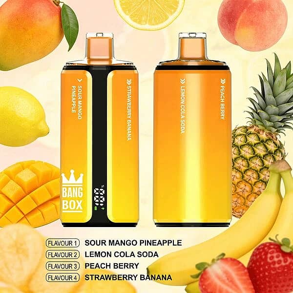 Bang Box 160K disposable vape in Sour Mango Pineapple, Lemon Cola Soda, Peach Berry, and Strawberry Banana flavors with premium high-puff rechargeable performance