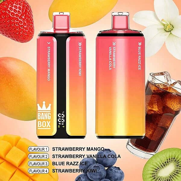 Bang Box 160K disposable vape in Strawberry Mango, Strawberry Vanilla Cola, Blue Razz Ice, and Strawberry Kiwi flavors with premium high-puff rechargeable performance