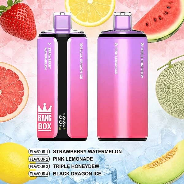 Bang Box 160K disposable vape in Strawberry Watermelon, Pink Lemonade, Triple Honeydew, and Black Dragon Ice flavors with premium high-puff rechargeable performance