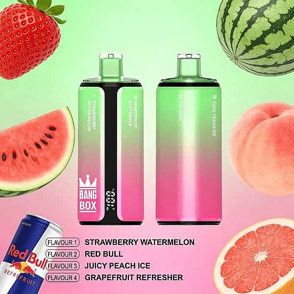 Bang Box 160K disposable vape in Strawberry Watermelon, Red Bull, Juicy Peach Ice, and Grapefruit Refresher flavors with premium high-puff rechargeable performance