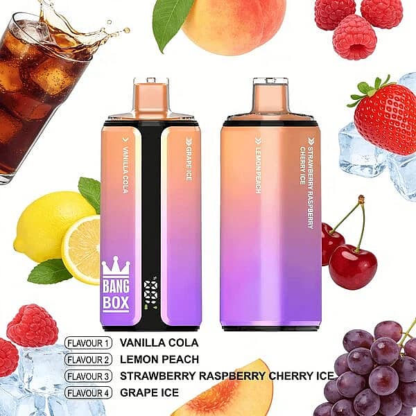 Bang Box 160K disposable vape in Vanilla Cola, Lemon Peach, Strawberry Raspberry Cherry Ice, and Grape Ice flavors with premium high-puff rechargeable performance