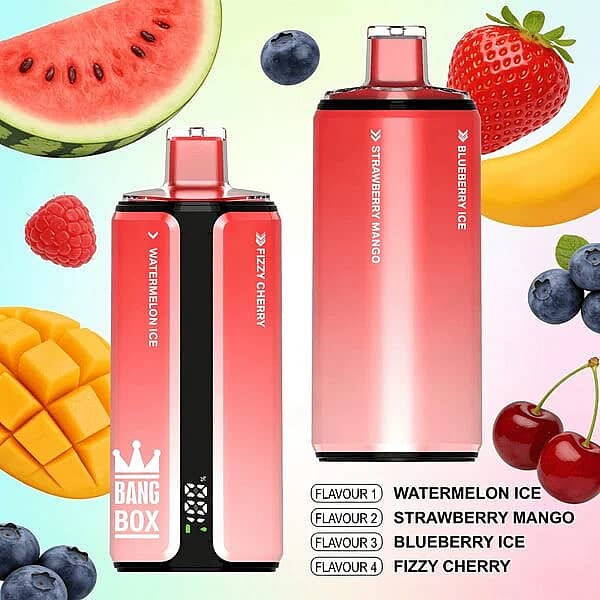 Bang Box 160K disposable vape in Watermelon Ice, Strawberry Mango, Blueberry Ice, and Fizzy Cherry flavors with premium high-puff rechargeable performance