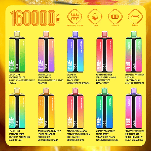 Bang Box 160K disposable vape flavor lineup image with up to 160000 puffs, mesh coil 4 tank design, 4x20ml e-liquid capacity, 650mAh battery, Type-C charging, and multiple fruit, ice, soda, and drink-inspired flavor combinations