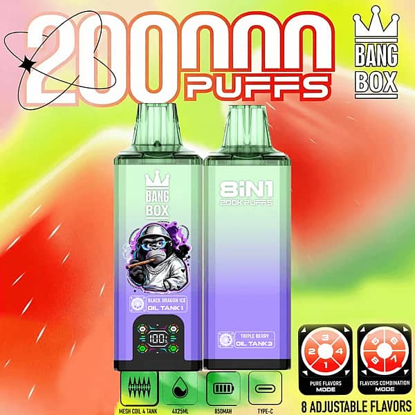 Bang Box 200K 8 in 1 disposable vape in Black Dragon Ice, Strawberry Pitaya, Triple Berry, and Cherry Cranberry flavors with 200000 puffs, smart screen display, 850mAh battery, mesh coil, and Type-C charging