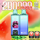 Bang Box 200K 8 in 1 disposable vape in Blueberry Ice, Blueberry Watermelon, Raspberry, Lemon Lime, Watermelon Ice, and Watermelon Bubblegum flavors with 200000 puffs, smart screen display, 850mAh battery, mesh coil, and Type-C charging