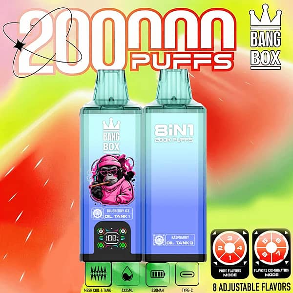 Bang Box 200K 8 in 1 disposable vape in Blueberry Ice, Blueberry Watermelon, Raspberry, Lemon Lime, Watermelon Ice, and Watermelon Bubblegum flavors with 200000 puffs, smart screen display, 850mAh battery, mesh coil, and Type-C charging