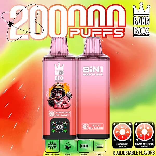Bang Box 200K 8 in 1 disposable vape in Bubblegum, Cherry Ice, Cherry Ice Bubblegum, and Watermelon Ice flavors with 200000 puffs, smart screen display, 850mAh battery, mesh coil, and Type-C charging