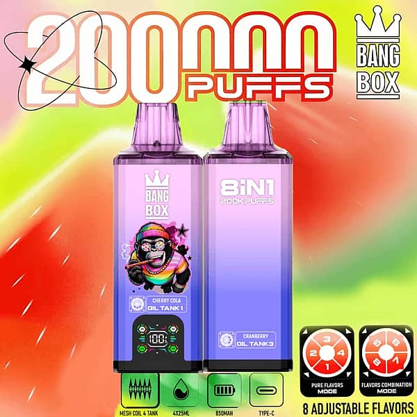 Bang Box 200K 8 in 1 disposable vape in Cherry Cola, Blueberry Cherry, Cranberry, and Strawberry Raspberry flavors with 200000 puffs, smart screen display, 850mAh battery, mesh coil, and Type-C charging