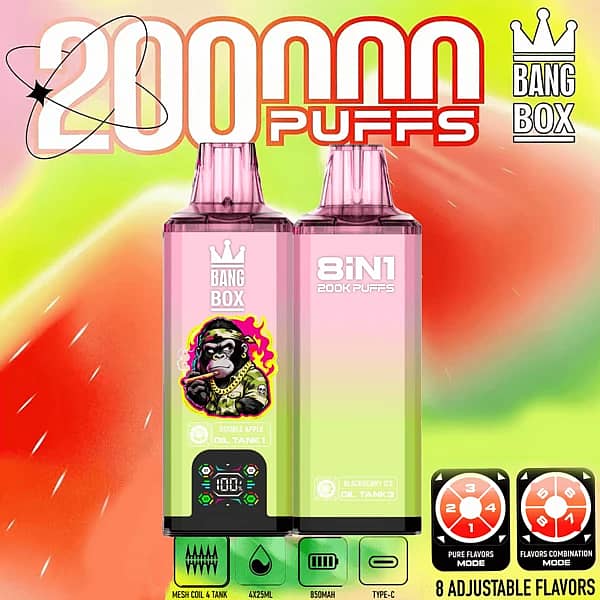 Bang Box 200K 8 in 1 disposable vape in Double Apple, Sour Apple Raspberry, Blackberry Ice, and Pineapple Peach flavors with 200000 puffs, smart screen display, 850mAh battery, mesh coil, and Type-C charging