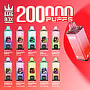 Bang Box 200K 8 in 1 disposable vape main picture with 200000 puffs, multi-flavor lineup, smart screen display, and rechargeable high-capacity design