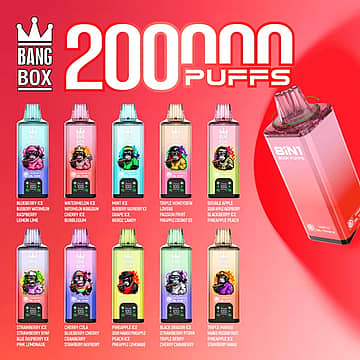 Bang Box 200K 8 in 1 disposable vape main picture with 200000 puffs, multi-flavor lineup, smart screen display, and rechargeable high-capacity design