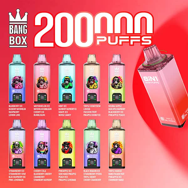 Bang Box 200K 8 in 1 disposable vape main picture with 200000 puffs, multi-flavor lineup, smart screen display, and rechargeable high-capacity design