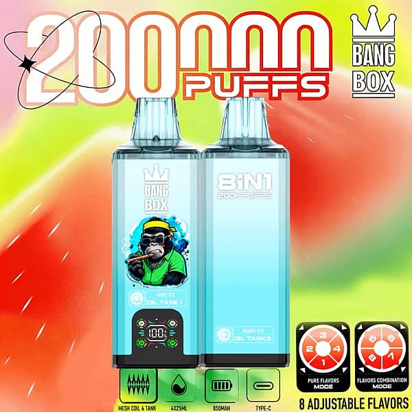 Bang Box 200K 8 in 1 disposable vape in Mint Ice, Blueberry Raspberry Ice, Grape Ice, and Nerdz Candy flavors with 200000 puffs, smart screen display, 850mAh battery, mesh coil, and Type-C charging