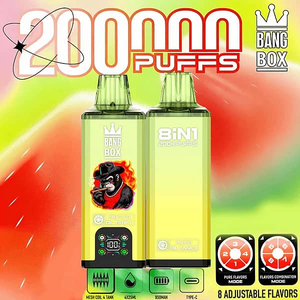 Bang Box 200K 8 in 1 disposable vape in Pineapple Ice, Sour Mango Pineapple, Peach Ice, and Pineapple Lemonade flavors with 200000 puffs, smart screen display, 850mAh battery, mesh coil, and Type-C charging