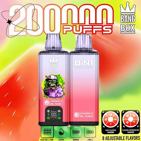 Bang Box 200K 8 in 1 disposable vape in Strawberry Ice, Strawberry Kiwi, Blue Raspberry Ice, and Pink Lemonade flavors with 200000 puffs, smart screen display, 850mAh battery, mesh coil, and Type-C charging
