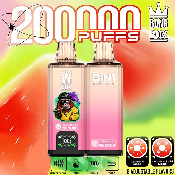 Bang Box 200K 8 in 1 disposable vape in Triple Honeydew, Love 66, Passion Fruit, and Pineapple Coconut Ice flavors with 200000 puffs, smart screen display, 850mAh battery, mesh coil, and Type-C charging