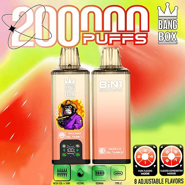 Bang Box 200K 8 in 1 disposable vape in Triple Mango, Mango Passion Fruit, Pineapple Ice, and Strawberry Mango flavors with 200000 puffs, smart screen display, 850mAh battery, mesh coil, and Type-C charging