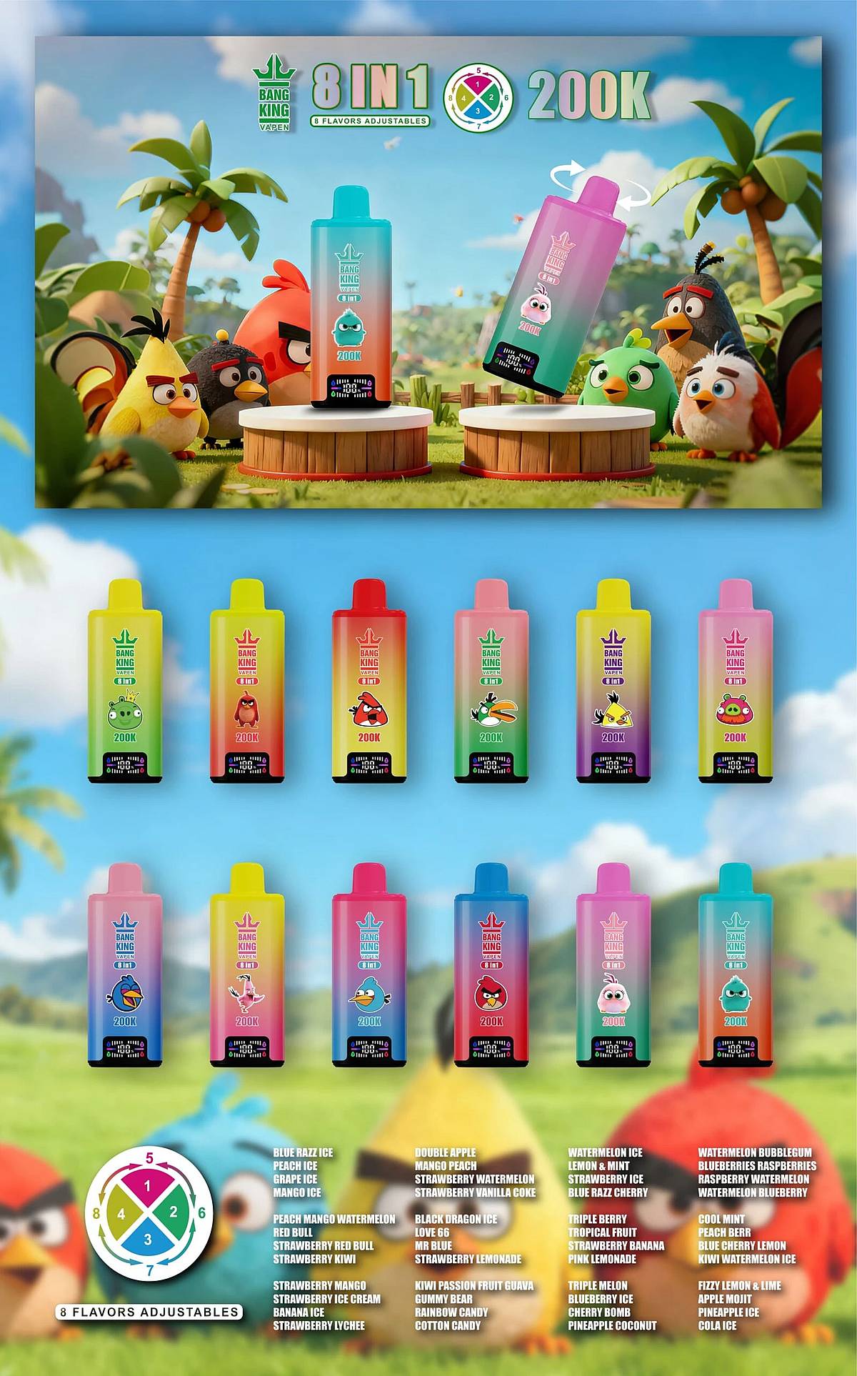 Bang King 200K 8-in-1 adjustable flavors disposable vape &ndash; 200K puffs flavors list and device lineup image