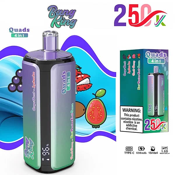 Bang King 250K Quads 4 in 1 disposable vape in Grape Burst, Lychee Ice, Peach Berry, and Kiwi Passion Fruit Guava flavors with retail box packaging