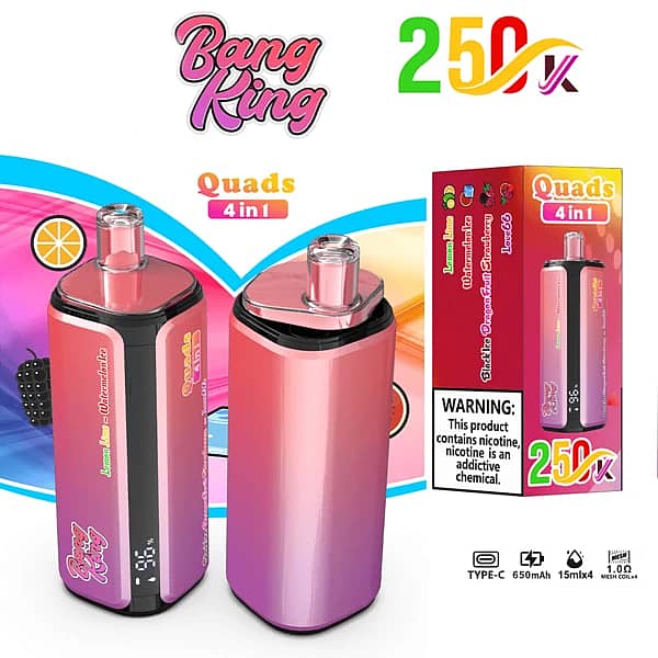 Bang King 250K Quads 4 in 1 disposable vape in Lemon Lime, Watermelon Ice, Black Dragon Fruit Strawberry, and Love 66 flavors with product box packaging