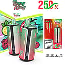 Bang King 250K Quads 4 in 1 disposable vape in Lemon Lime, Strawberry Ice, Raspberry Watermelon, and Fizzy Cherry flavors with product box packaging