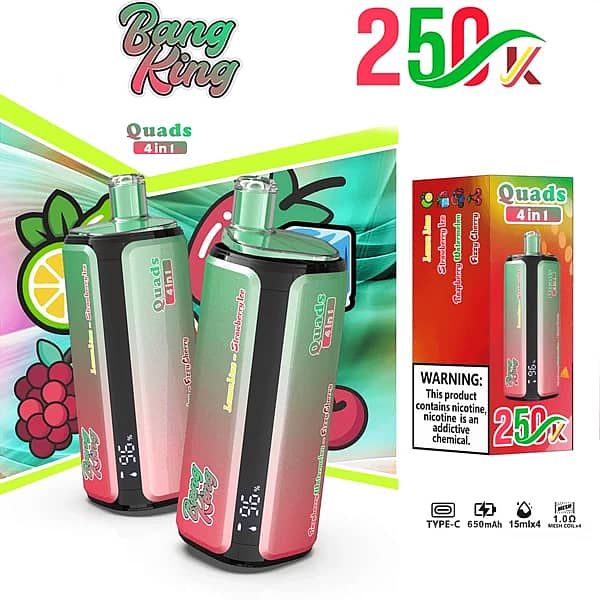 Bang King 250K Quads 4 in 1 disposable vape in Lemon Lime, Strawberry Ice, Raspberry Watermelon, and Fizzy Cherry flavors with product box packaging