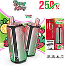 Bang King 250K Quads 4 in 1 disposable vape in Mixed Berry, Cherry Lemon, Strawberry Kiwi, and Strawberry Watermelon Bubblegum flavors with product box packaging